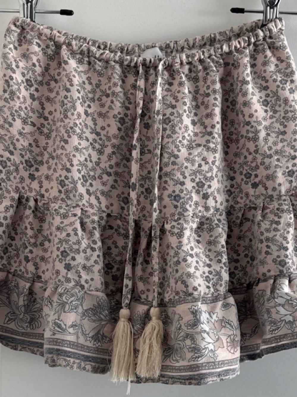 Boho Tiered Tassel Mini Skirtby Polly in Light Pink Floral